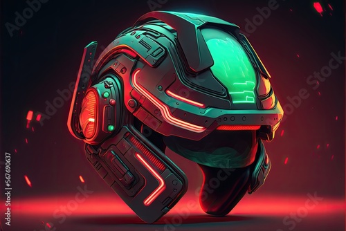 Futuristic VR helmet illuminated with bright red light. Generative AI © AdriFerrer