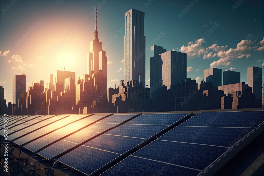 Solar panels on a roof of a building with the city skyline in the background