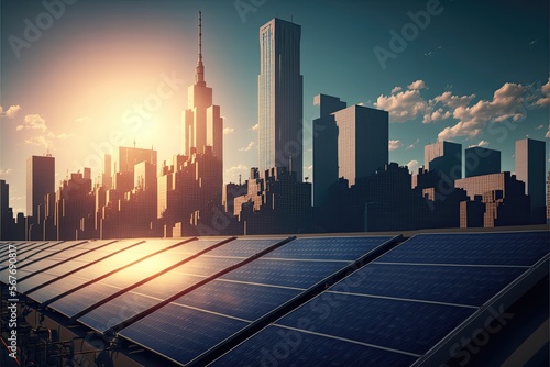 Solar panels on a roof of a building with the city skyline in the background