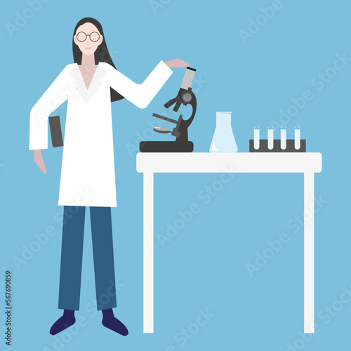 Girl scientist in a white coat and glasses with laboratory equipment on the table. The concept of laboratory or chemical research. Vector illustration