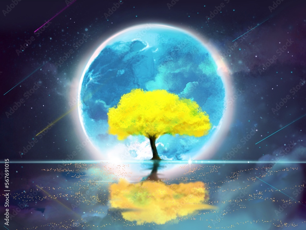 Fantasy background illustration of yellow mimosa tree floating above the sea with big full moon