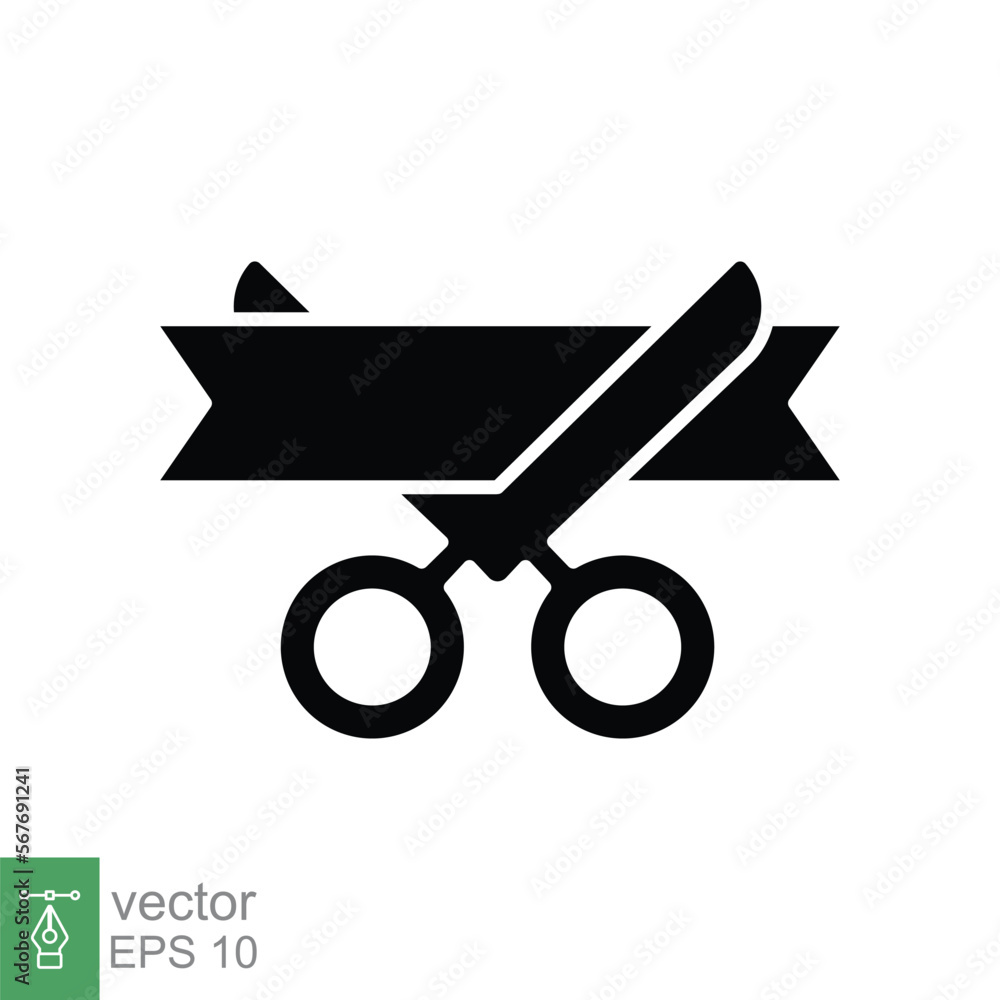Grand opening glyph icon. Simple solid style for web and mobile app design element. Open, ribbon, cut, scissor, inauguration, ceremony concept. Vector illustration isolated. EPS 10. Grand opening glyph icon. Simple solid style for web and mobile app design element. Open, ribbon, cut, scissor, inauguration, ceremony concept. Vector illustration isolated. EPS 10.