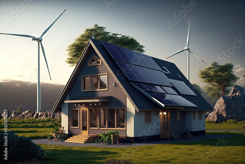 A residential house with solar panels on its roof and wind turbines. Generative AI