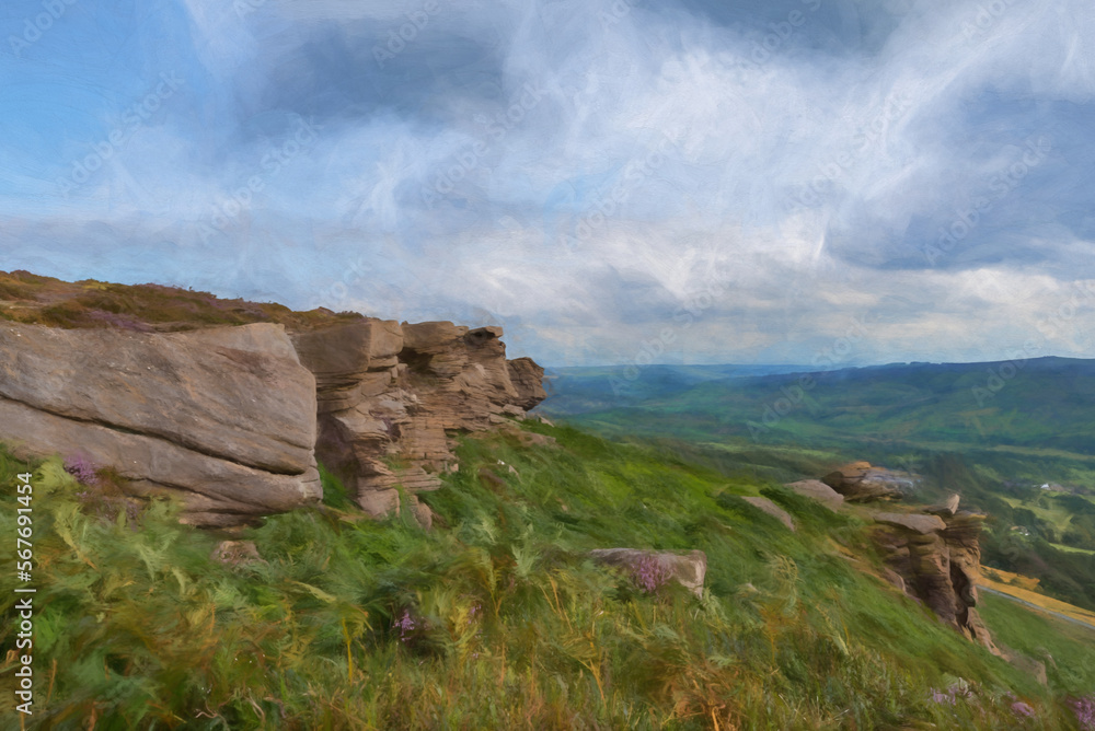 Digital painting of Bamford Edge Peak District view looking across to Win Hill with blue skies, fluffy clouds, and purple heather.