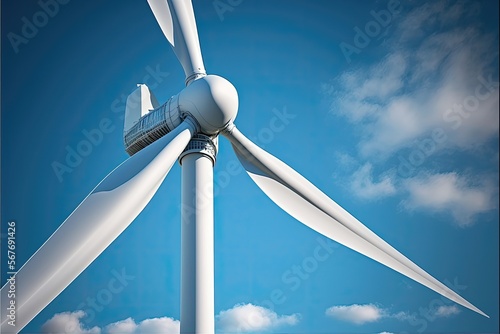A wind turbine with a clear blue sky in the background. Generative AI