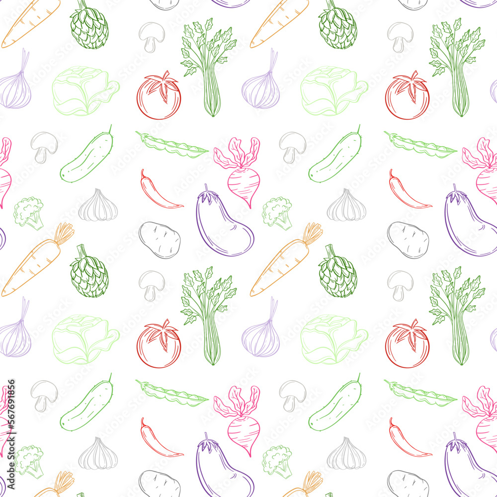 Vintage vegetables seamless pattern. Line art.