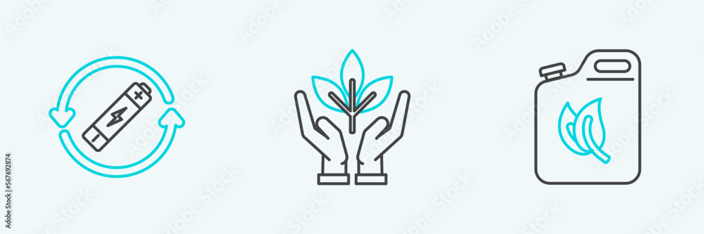 Set line Bio fuel canister, Battery with recycle symbol line and Plant hand of environmental protection icon. Vector Set line Bio fuel canister, Battery with recycle symbol line and Plant hand of environmental protection icon. Vector