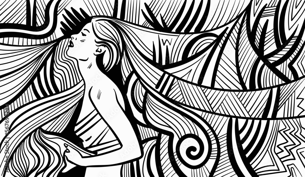 Black and white psychedelic line art with the abstract woman. Doodles and lines abstract hand-drawn vector art.