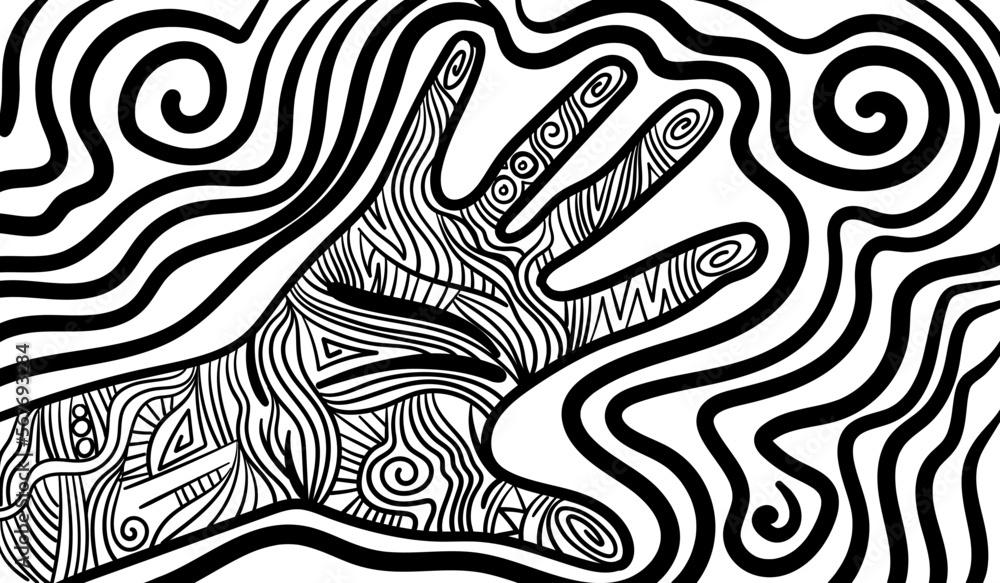 Black and white psychedelic line art with abstract palm print, and handprint. Doodles and lines abstract hand-drawn vector art. Black and white psychedelic line art with abstract palm print, and handprint. Doodles and lines abstract hand-drawn vector art.