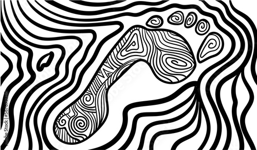 Black and white psychedelic line art with an abstract footprint. Doodles and lines abstract hand-drawn vector art.