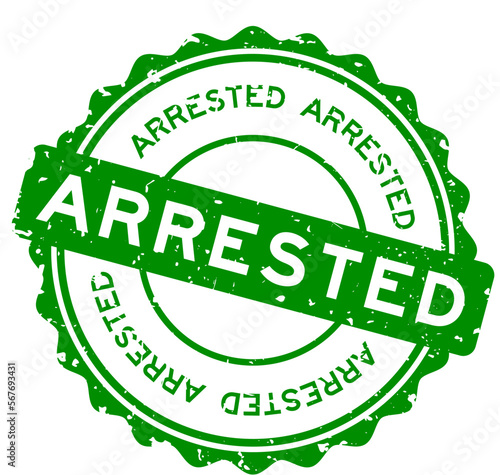 Grunge green arrested word round rubber seal stamp on white background