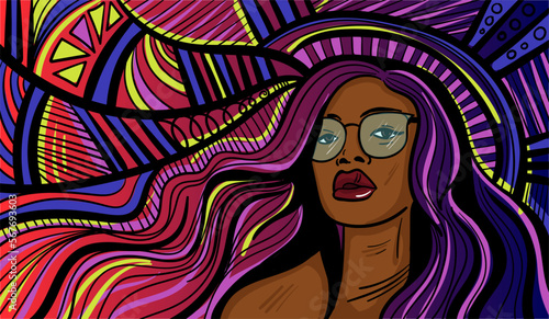 Colourful psychedelic line art with abstract woman. Doodles and lines abstract hand-drawn vector art.