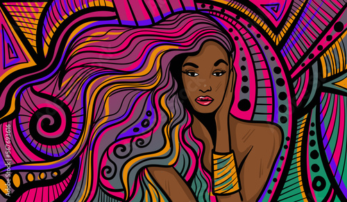 Colourful psychedelic line art with abstract woman. Doodles and lines abstract hand-drawn vector art.