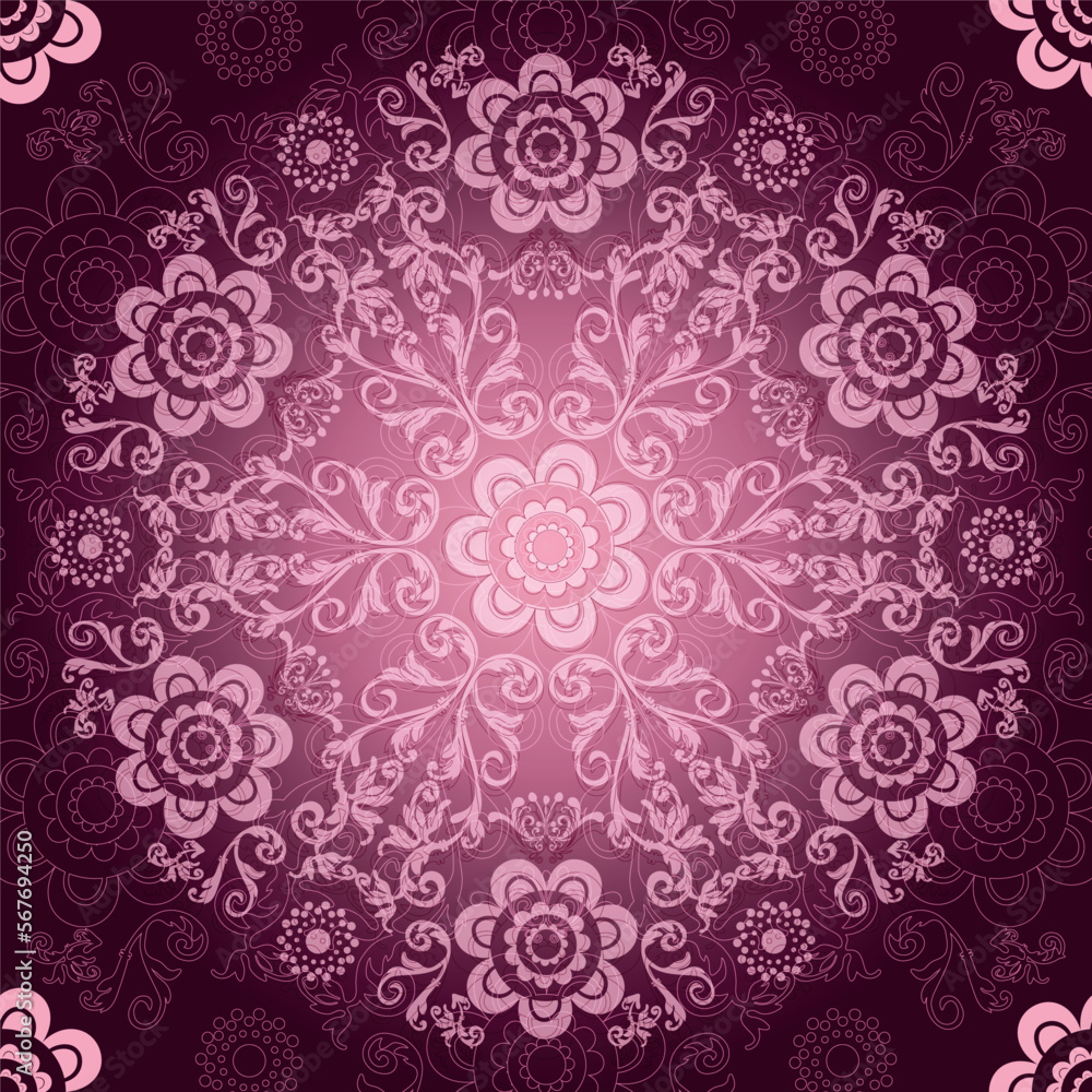 Vintage frame with lacy pink mandala, seamless pattern, vector