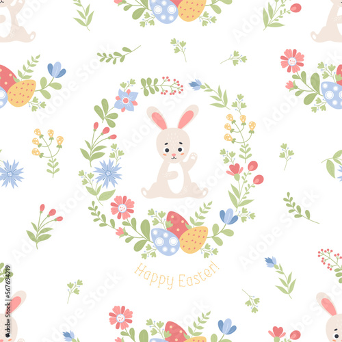 Easter seamless pattern. Cute Easter Bunny with flowers and eggs on white background. Vector illustration in flat cartoon style. For holiday decor, packaging, wallpapers, prints and textiles.