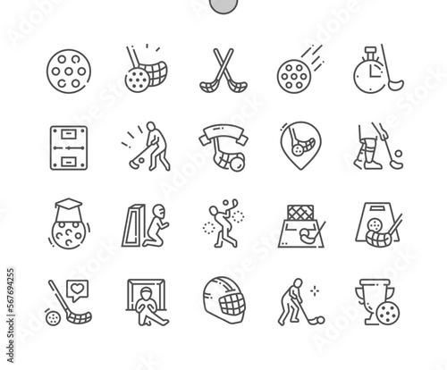 Floorball. Goalkeeper. Competition. Floorball club. Sticks and ball. Pixel Perfect Vector Thin Line Icons. Simple Minimal Pictogram photo