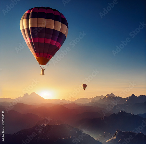 hot air balloon at sunset, Generative AI Art Illustration © Animaflora PicsStock