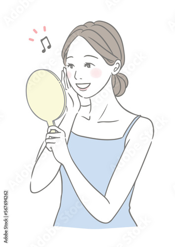手鏡を見るご機嫌な笑顔の女性 美容イメージイラスト 青