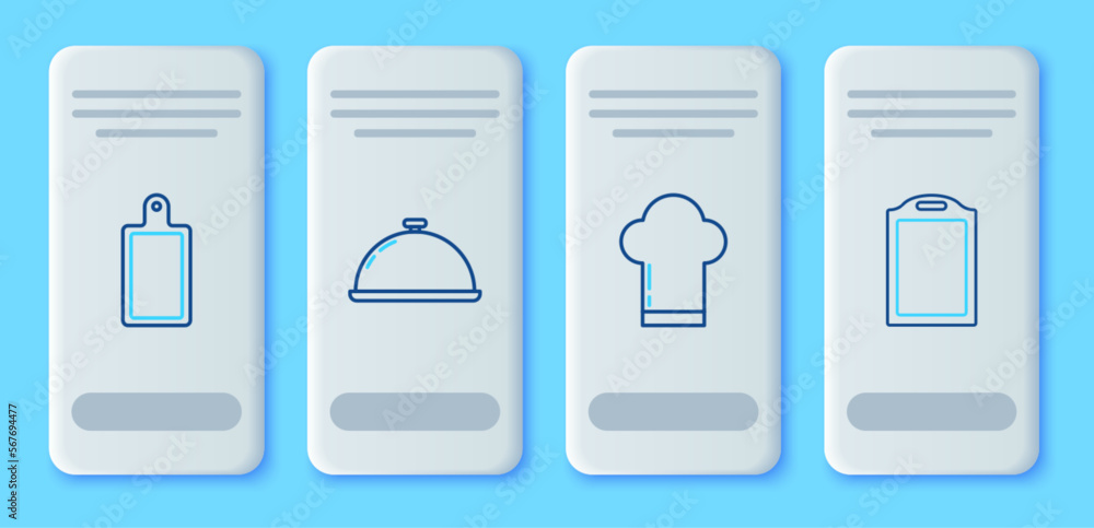 Set line Covered with a tray of food, Chef hat, Cutting board and icon. Vector Set line Covered with a tray of food, Chef hat, Cutting board and icon. Vector