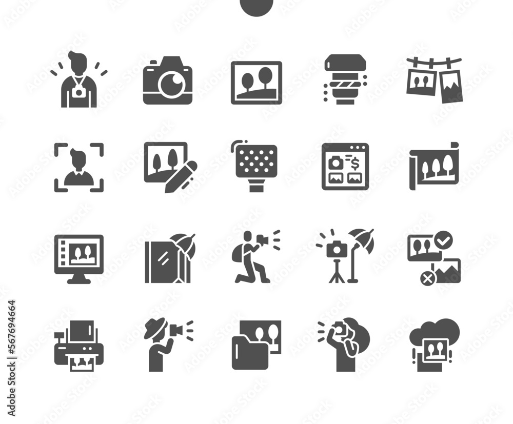 Photographer. Profession and hobby. Photo editing. Camera and equipment. Vector Solid Icons. Simple Pictogram
