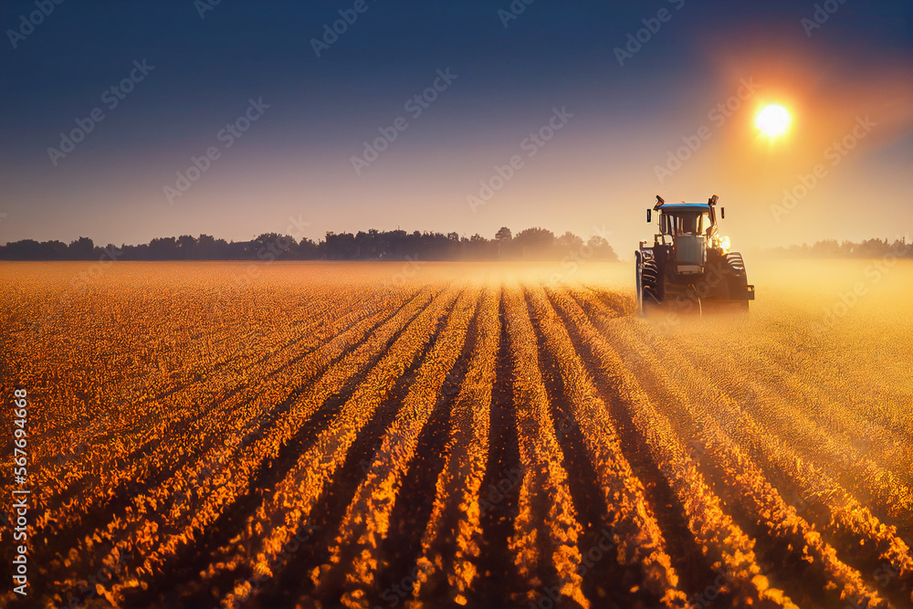 Fototapeta premium tractor in the field, Generative AI Art Illustration