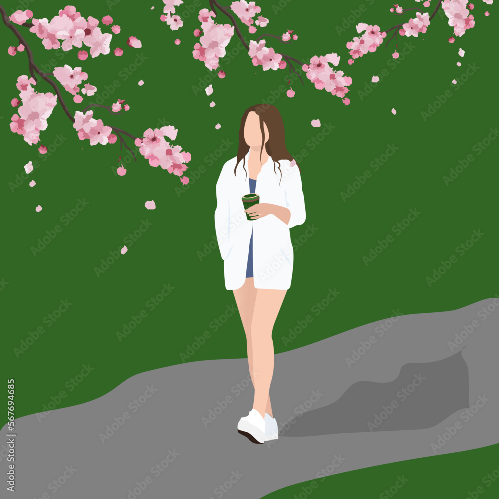 Commercial vector flat illustration of a young beautiful girl in fashionable clothes walking in a spring blooming park with a glass of coffee in her hand Commercial vector flat illustration of a young beautiful girl in fashionable clothes walking in a spring blooming park with a glass of coffee in her hand