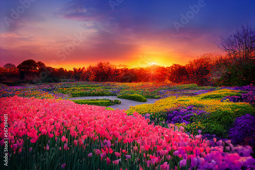 sunset in the park with colorful Flowers, Generative AI Art Illustration 03