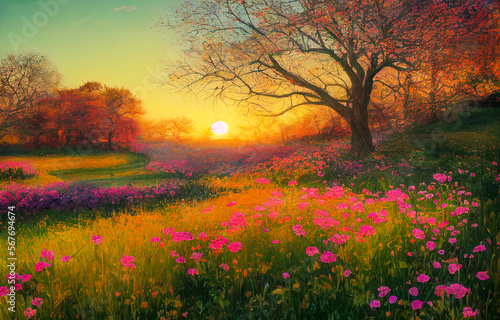 sunset in the park with colorful Flowers  Generative AI Art Illustration 01