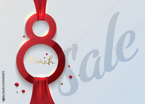 Elegant 8 March sale banner with red 3d number 8 and red ribbon on white background. March gold line luxury text, red golden beads. Women's day vector stylish design illustration