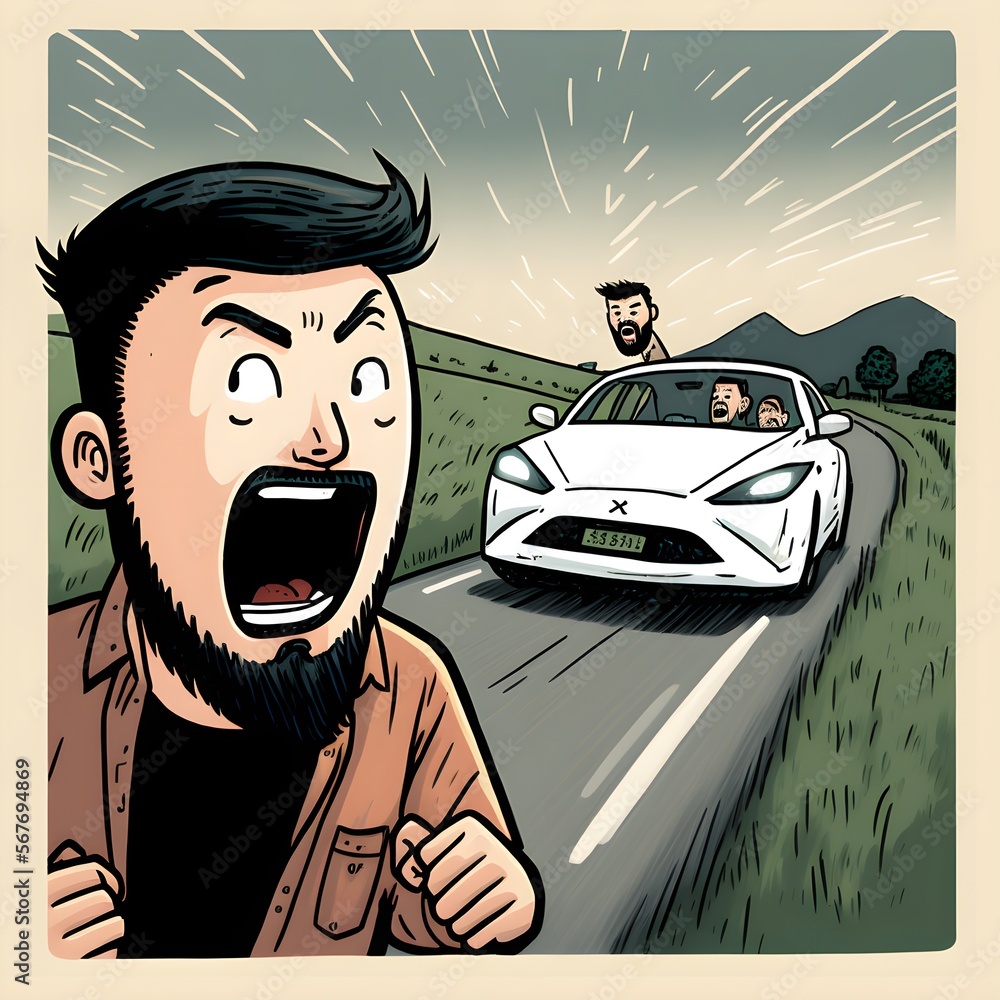 an angry asian man with a beard running down English Country Road ...