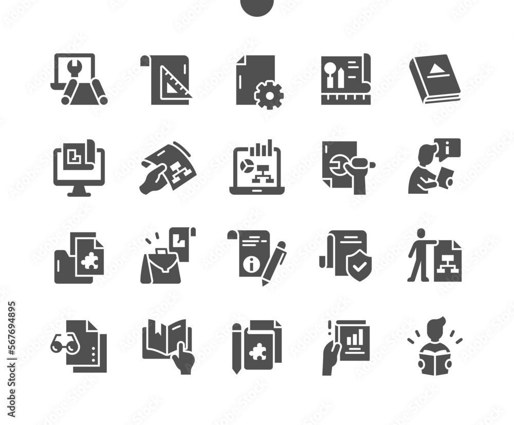 Technical documentation. Industrial, information, mechanical, paperwork and document. Technical file. Worker. Vector Solid Icons. Simple Pictogram