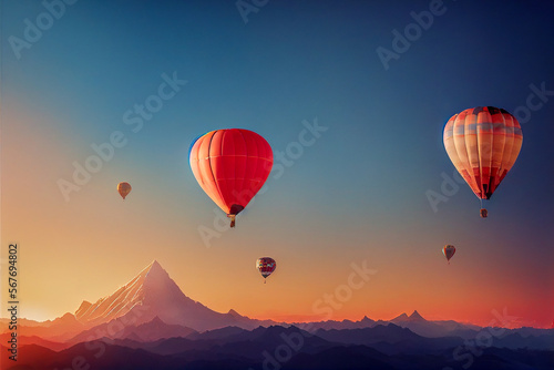 hot air balloon at sunrise, Generative AI Art Illustration © Animaflora PicsStock