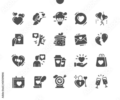 Romantic love. Valentine, happy, amour. Love letter. Romantic coffee cups. Broken heart. Vector Solid Icons. Simple Pictogram