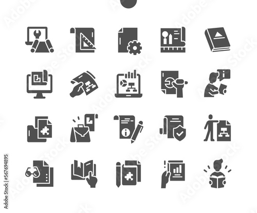 Technical documentation. Industrial, information, mechanical, paperwork and document. Technical file. Worker. Vector Solid Icons. Simple Pictogram