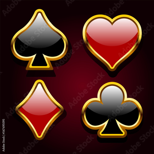 3d Card suits. Suit badge in gold frame. Vector suits isolated on white background.