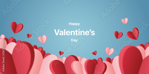 Valentine's day blue background with paper hearts. Banner for your design. Wallpaper, flyer, invitation, poster, discount voucher. Vector EPS 10