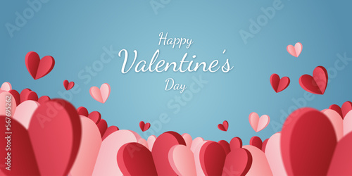 Valentine's day blue background with paper hearts. Banner for your design. Wallpaper, flyer, invitation, poster, discount voucher. Vector EPS 10