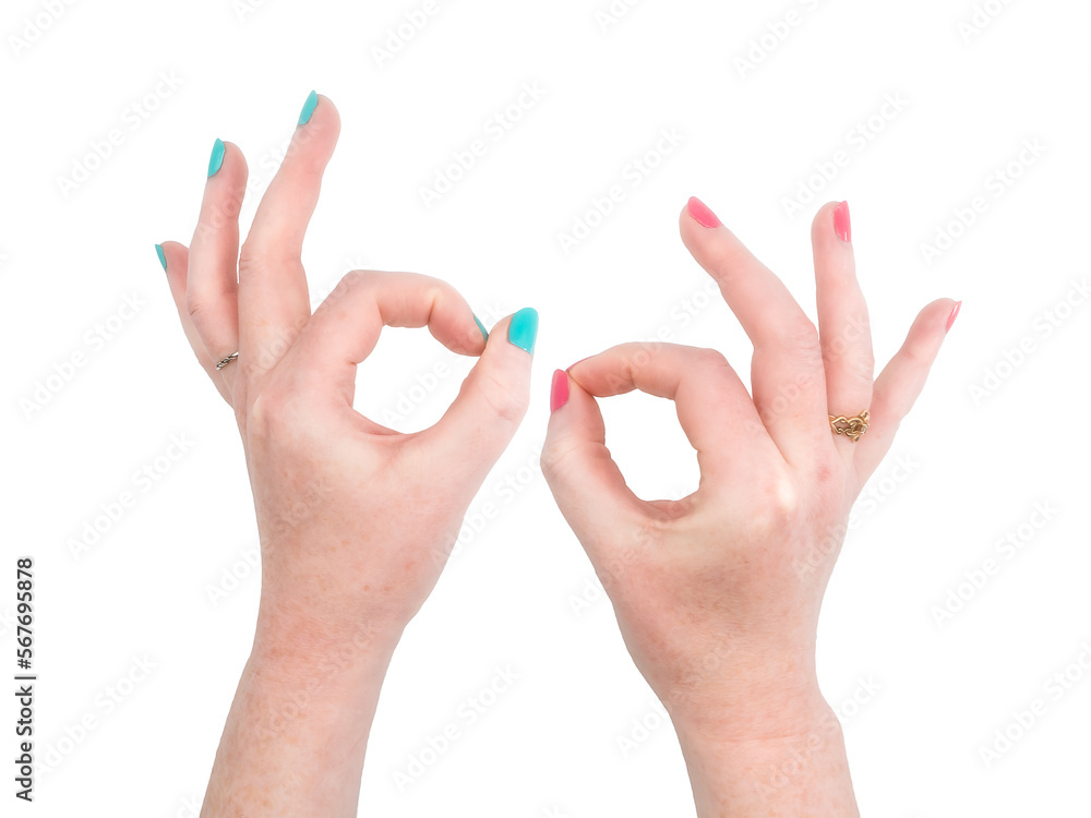 OK gesture woman's hand wearing bright nail polish OK gesture woman's hand wearing bright nail polish