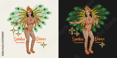 Label with brazilian samba female dancer in full growth, golden stars, text Carnival latino girl wearing shiny festival costume with colorful feathers. Decor for Brazilian carnival in vintage style.