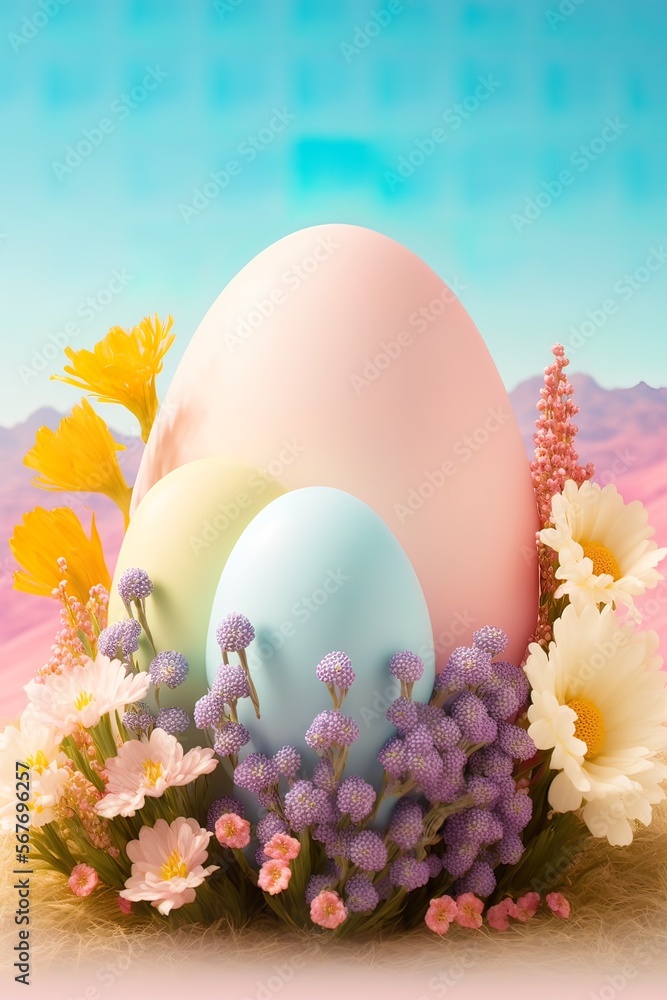 Easter egg creative concept made of fresh, pastel, field flowers, leaves and Spring painted eggs. Pastel background. Floral colorful decoration. Illustration, Generative AI. Easter egg creative concept made of fresh, pastel, field flowers, leaves and Spring painted eggs. Pastel background. Floral colorful decoration. Illustration, Generative AI.