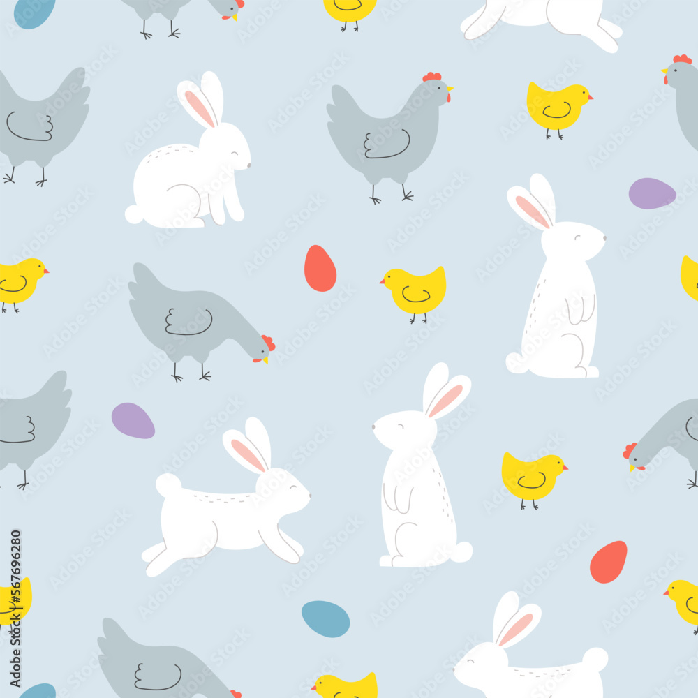 Seamless pattern with cute rabbits, hens, chickens and eggs on blue background. Template for Easter decor, invitation, cards Seamless pattern with cute rabbits, hens, chickens and eggs on blue background. Template for Easter decor, invitation, cards