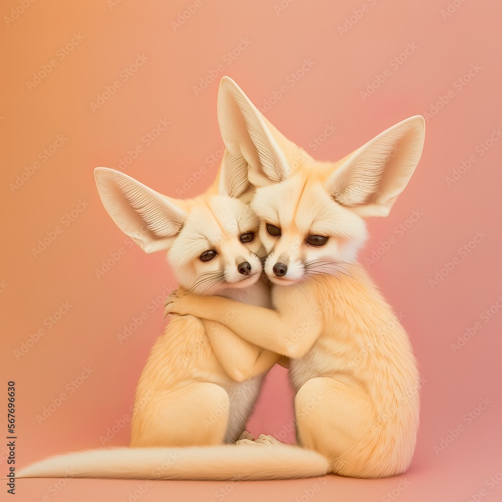 Fototapeta premium Animal tender, romantic love, pastel background. Baby foxes hugging and cuddling. Valentine's Day in the animal world. Illustration, Generative AI.