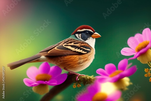 a tiny sparrow on a branch with spring flowers