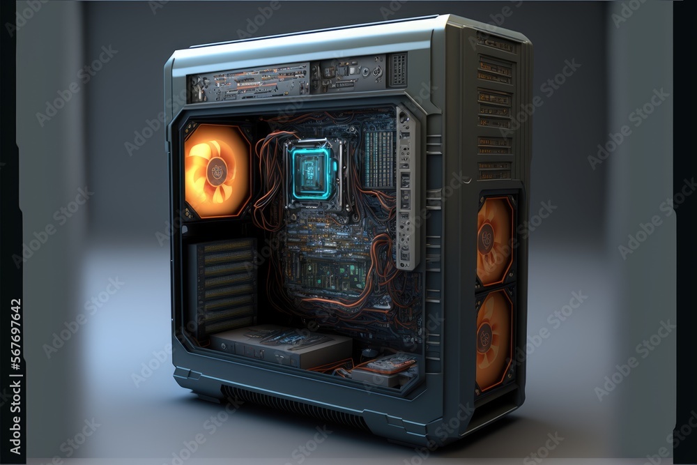 Obraz premium 3d rendering of server in dark room with circuit board and cpu