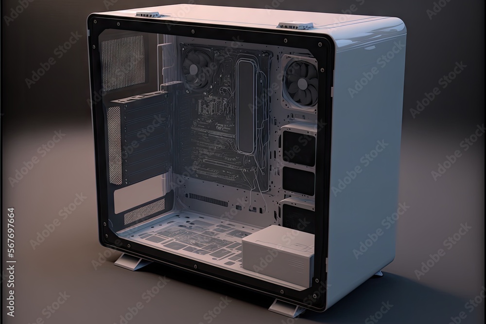 3d rendering of a computer case with circuit board on dark background 3d rendering of a computer case with circuit board on dark background