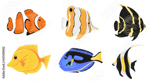 Set of decorative tropical or aquarium fishes. Marine dwellers. Concept of sea and ocean life. Vector illustration