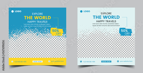 travel sale social media post template. travelling agency business offer promotion. Holiday and tour advertisement banner design