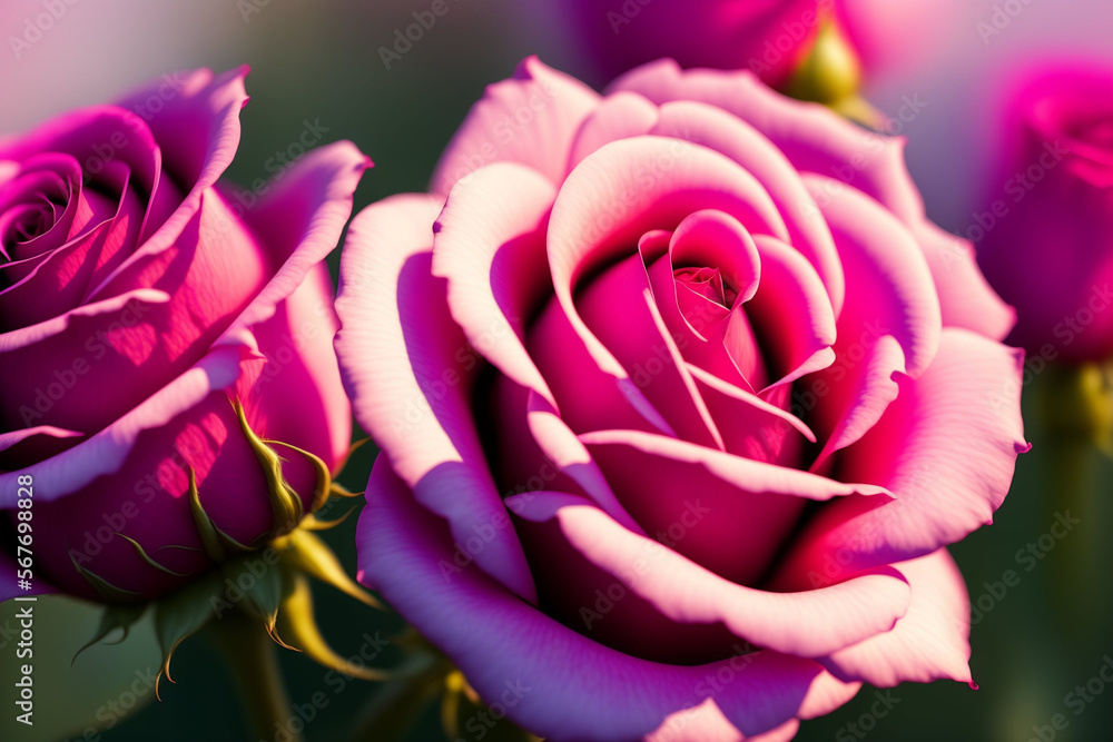 Close-up of pink roses flowers on a blurred background on a sunny day. Generative AI. Close-up of pink roses flowers on a blurred background on a sunny day. Generative AI.