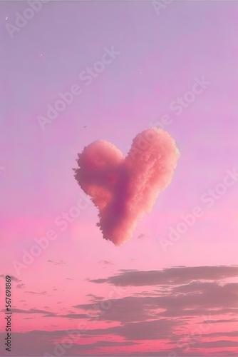 Pink creative concept under pastel, thick, fluffy, clouds purple and pink heart shape, sky above the water. Abstract loving gentle landscape illustration. Generative AI.