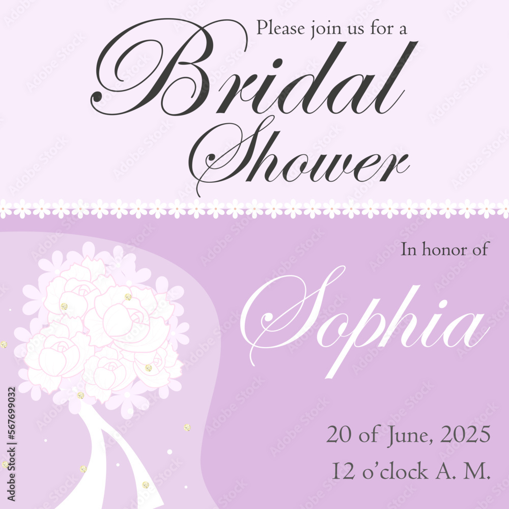 Bridal shower invitation with purple flowers with a wedding bouquet of white peonies and a wedding veil with sequins. Vector illustration Bridal shower invitation with purple flowers with a wedding bouquet of white peonies and a wedding veil with sequins. Vector illustration